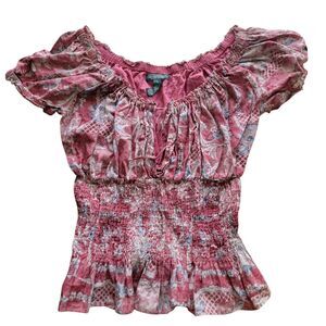 LRL Lauren Jeans Co. Ralph Women's Medium shirt top peasant red Cottage Core